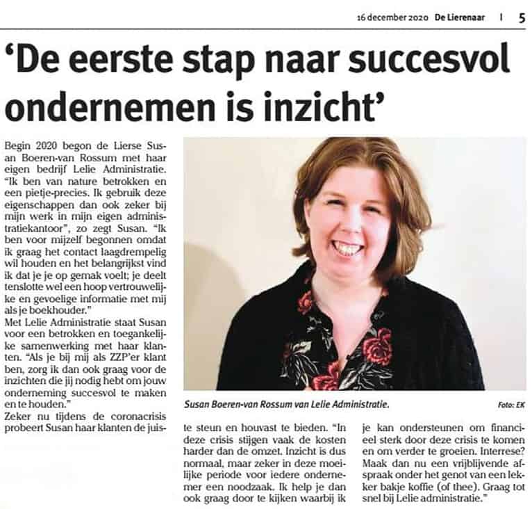 De eerste stap naar succesvol ondernemen is inzicht | Krantenknipsel-16-12-2020 | Lelie administratie